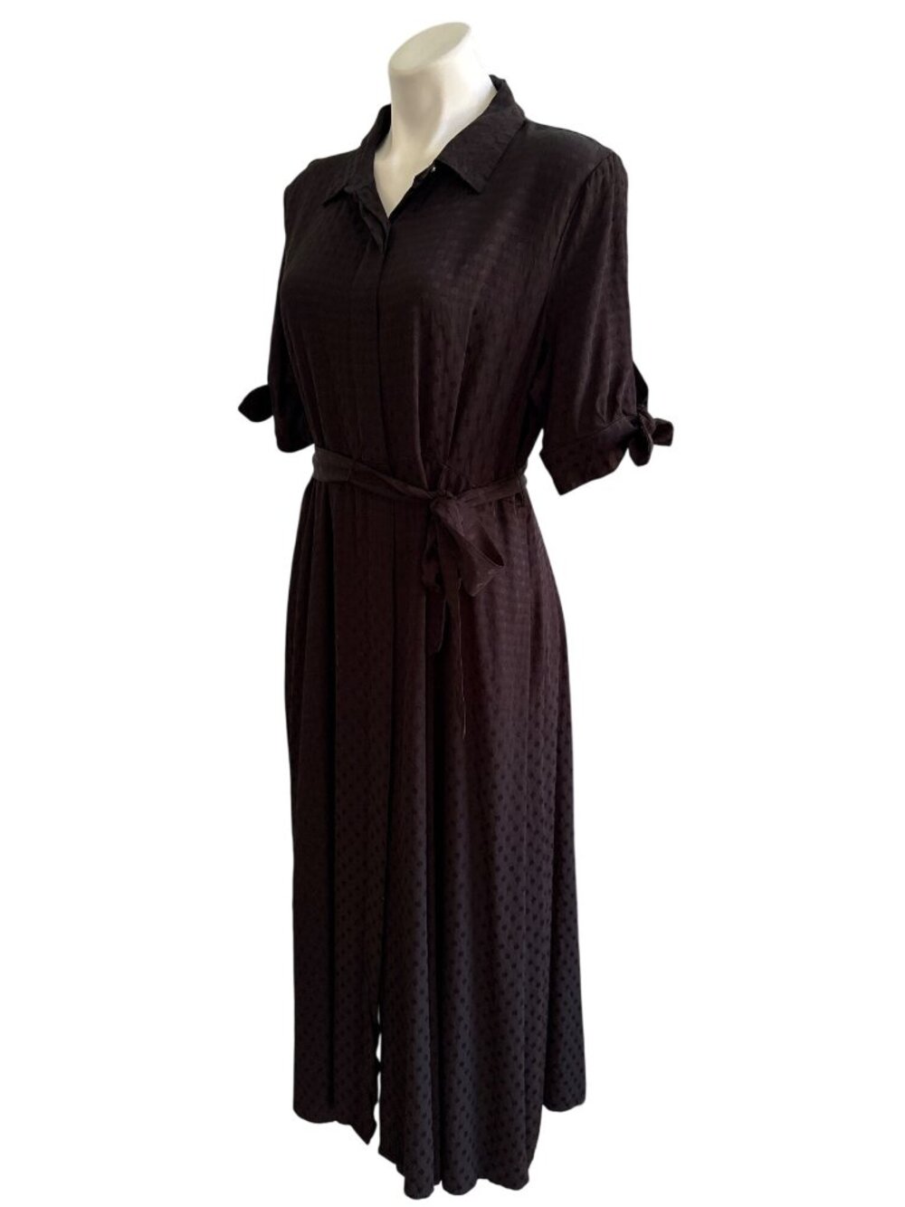 Calvin Klein Women's Black Polka Dot Maxi Shirt Dress W/ Tie Belt Size 12 - Picture 7 of 10